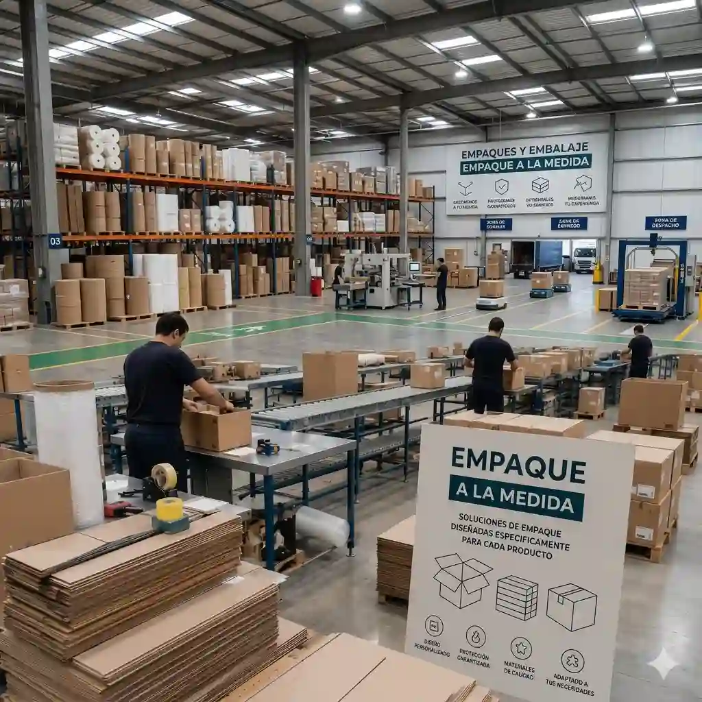 Línea de empaque a la medida en planta GenoPack en Puebla con cartel de soluciones por producto