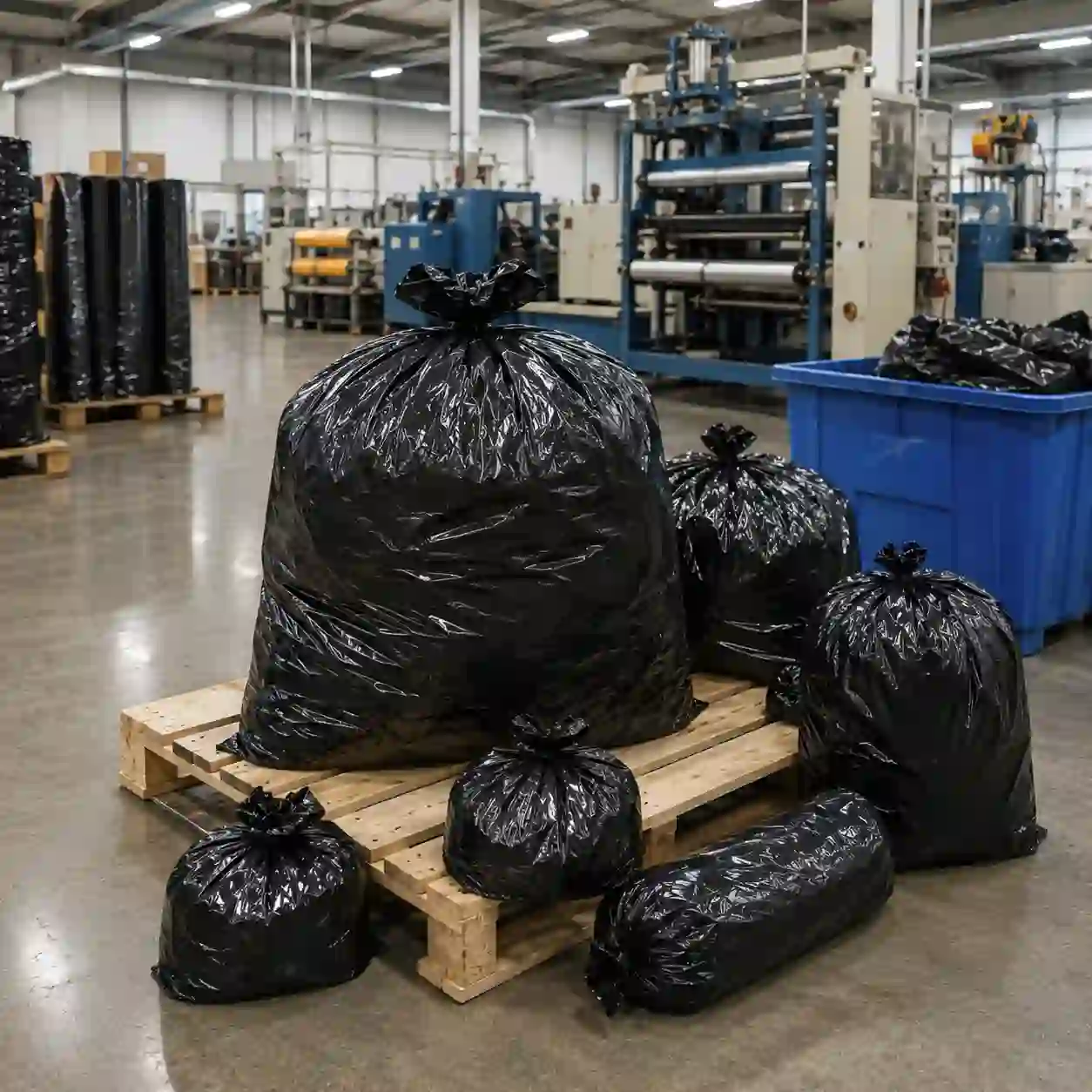 Bolsas negras de polietileno de alto calibre sobre tarima en almacén industrial en Puebla
