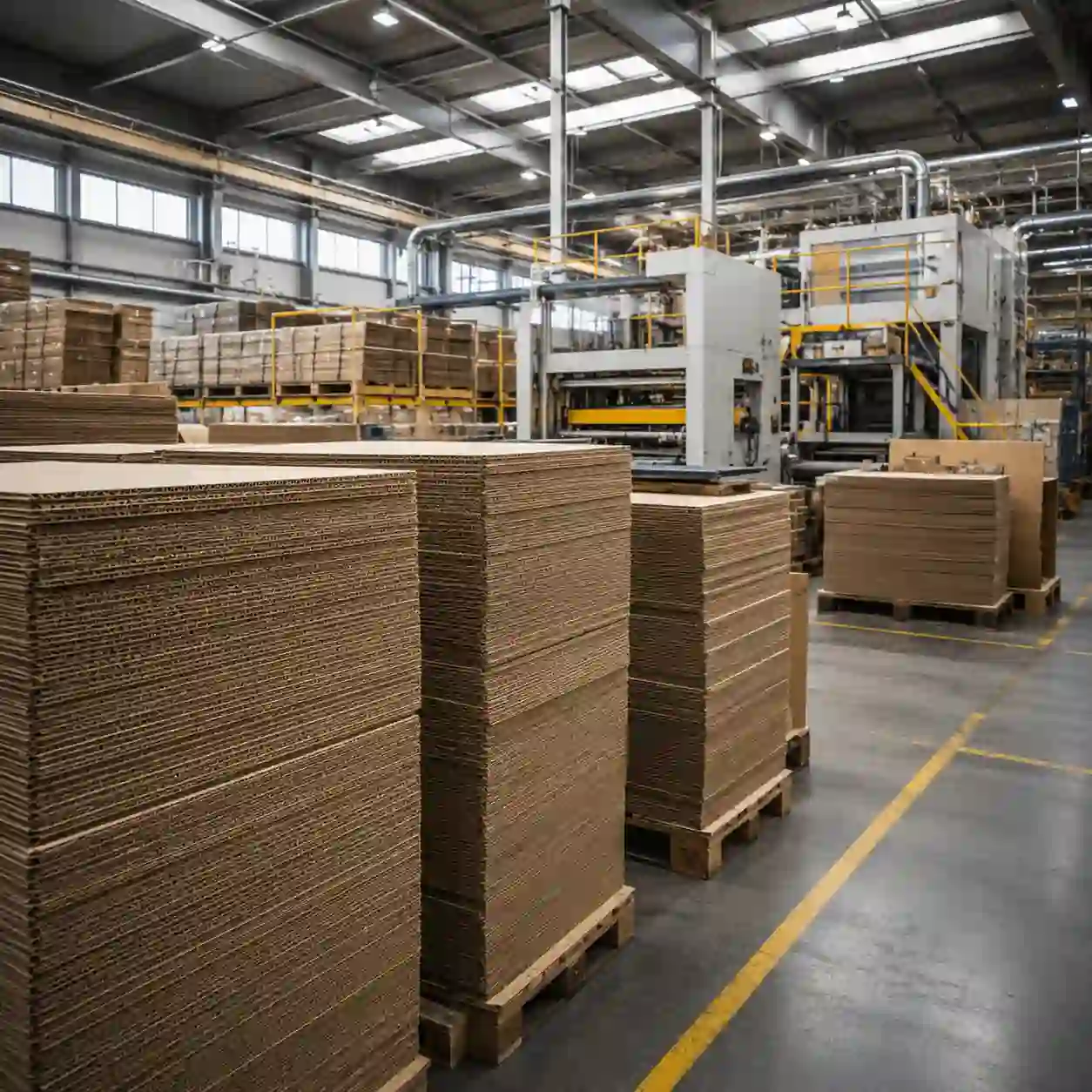 Láminas de cartón corrugado apiladas en tarimas dentro de planta de producción en Puebla
