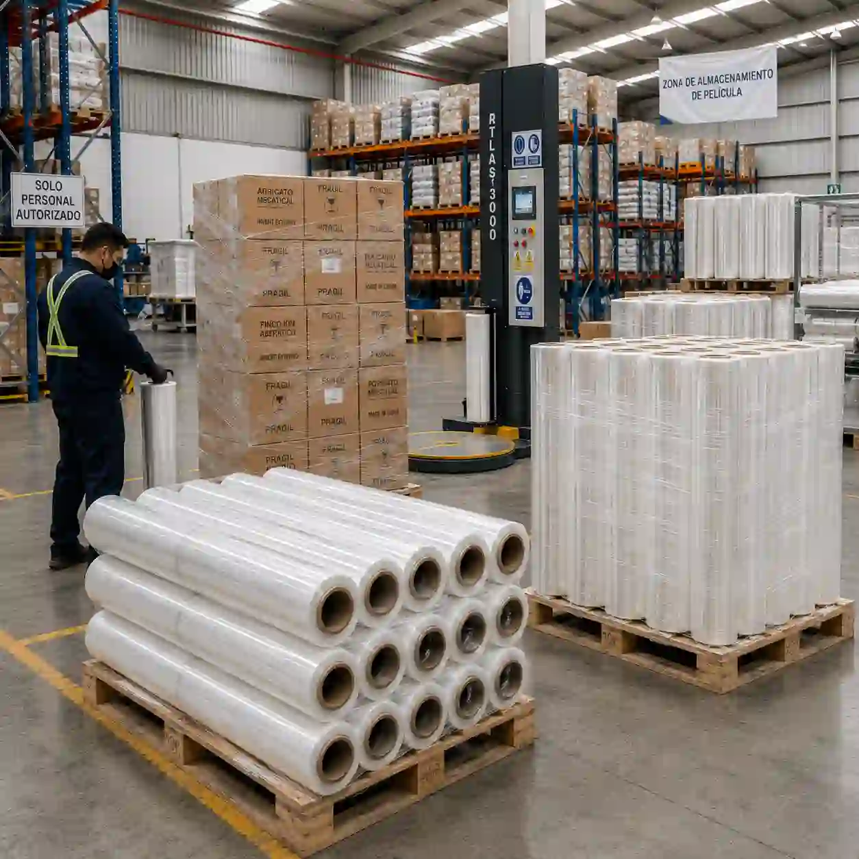 Rollos de emplaye negro y película estirable junto a máquina enredadora de tarimas en Puebla