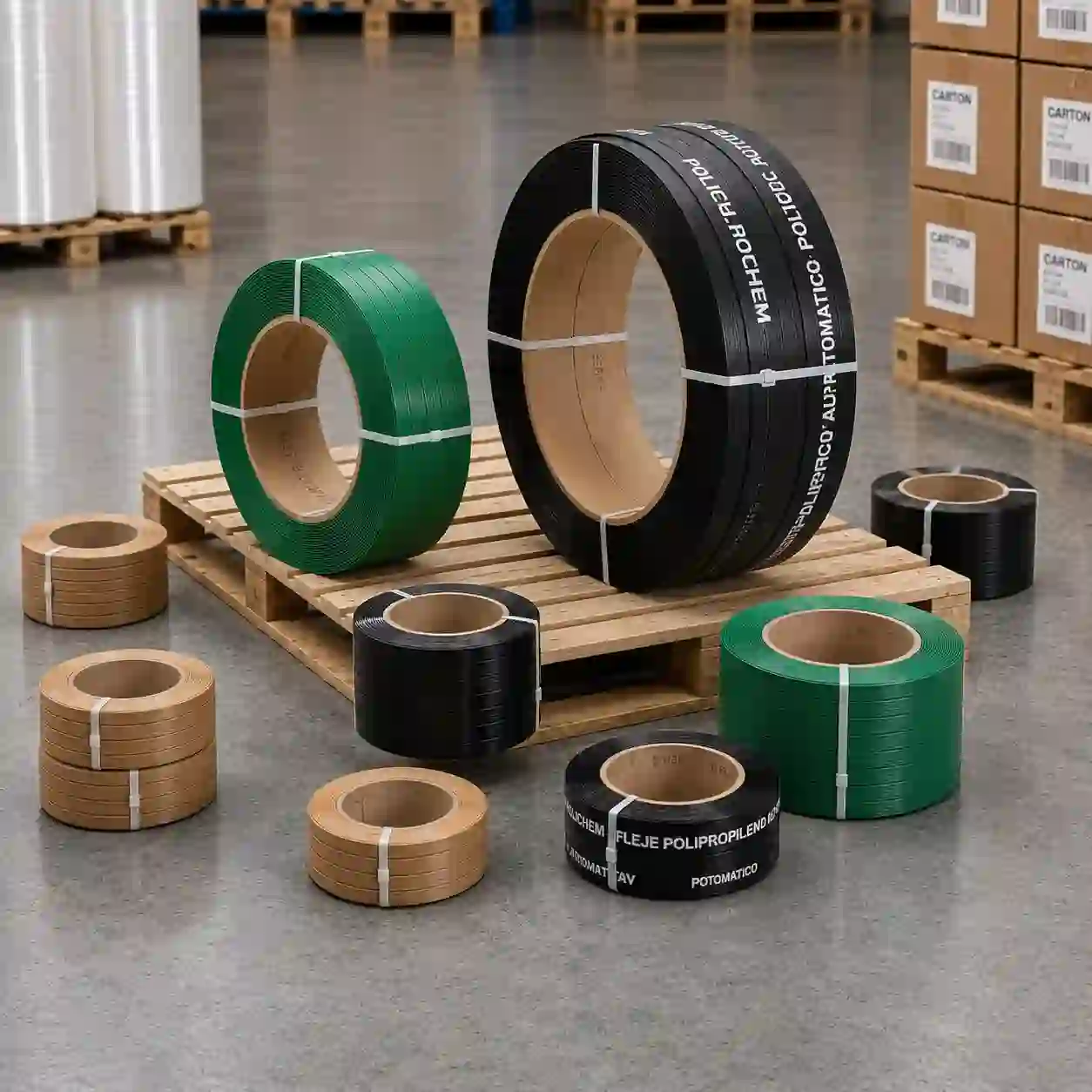 Rollos de fleje de polipropileno verde y negro sobre tarima en almacén en Puebla