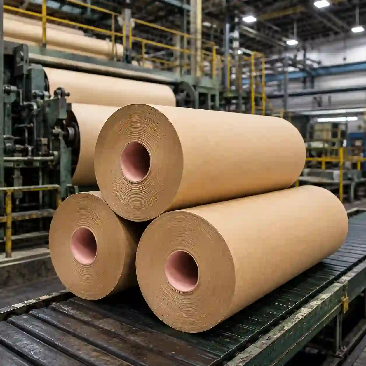 Rollos de papel kraft café en máquina de producción para envoltura y empaque en Puebla