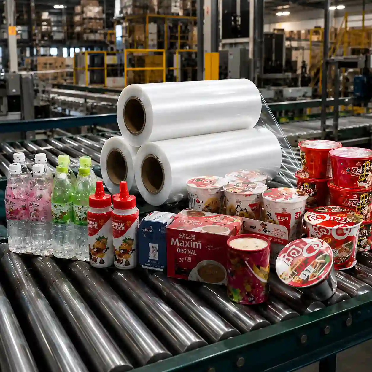Rollos de película termoencogible agrupando bebidas y alimentos en línea de empaque en Puebla