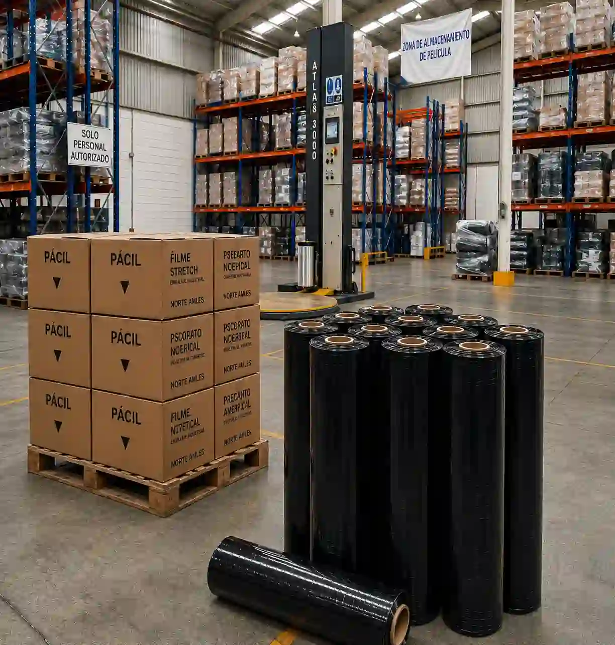 Rollos de plástico negro para cimentación y construcción en almacén en Puebla