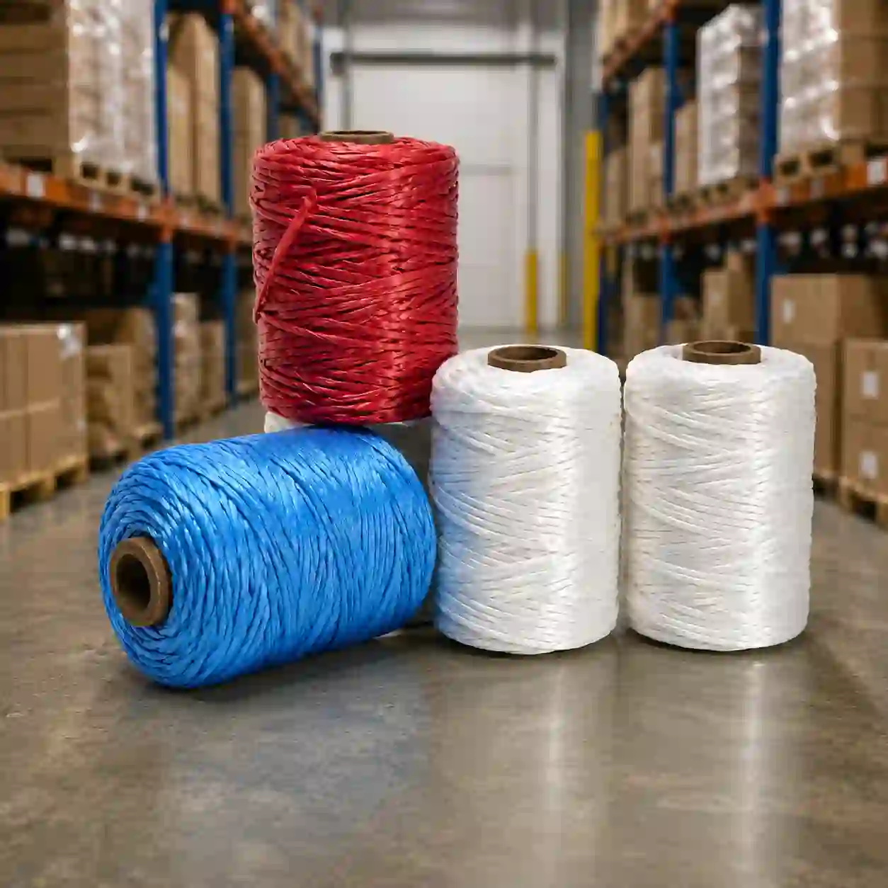 Conos de rafia de polipropileno roja, azul y blanca para amarre industrial en Puebla
